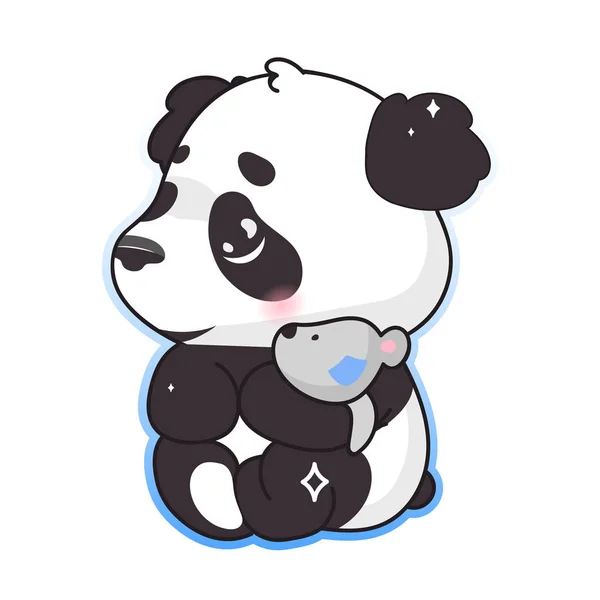 Aranyos panda ölelés játék kawaii rajzfilm vektor karakter. Imádnivaló, boldog és vicces állat játszik elszigetelt matrica, patch, gyerekek könyv illusztráció. Anime baba panda medve emoji fehér háttér — Stock Vector