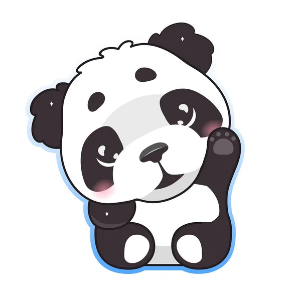 Carino panda agitando mano kawaii personaggio vettore cartone animato. Animale adorabile, felice e divertente con adesivo isolato gesto di saluto hi, patch. Anime baby panda orso emoji su sfondo bianco — Vettoriale Stock