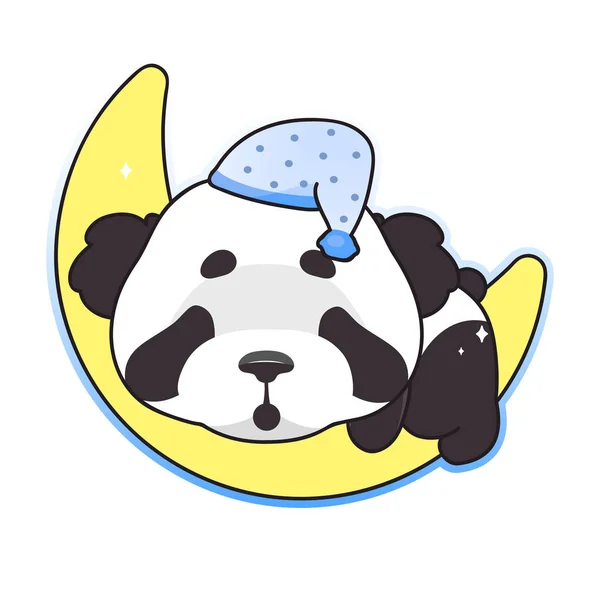Lindo panda durmiendo en la luna kawaii personaje vector de dibujos animados. Adorable, feliz y divertido animal aislado etiqueta engomada, parche. Hora de dormir. Anime bebé oso panda en pijama emoji sobre fondo blanco — Vector de stock
