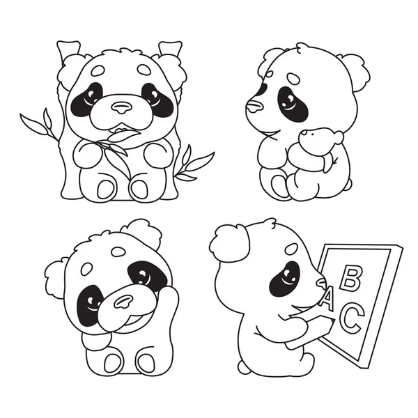 Cute panda kawaii linear characters pack. Adorable, happy and funny animal eating bamboo, waving hand isolated sticker, patches set. Anime baby panda bear doodle emojis thin line icons — 스톡 벡터