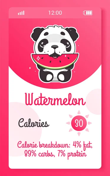 Calorie contatore bambini schermo dell'app mobile con personaggio kawaii cartone animato. Food tracker smartphone widget ragazzina, modello di design dell'applicazione con orso panda. Calorie calcolatrice pagina del telefono e animale — Vettoriale Stock