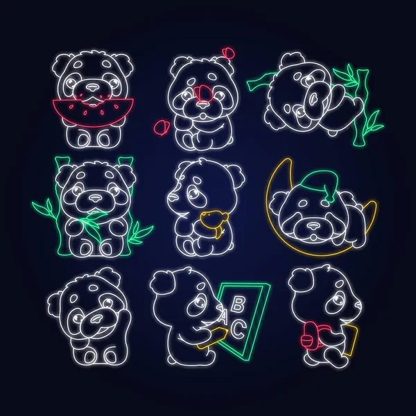 Cute panda kawaii neon light characters pack. Adorable and funny animal eating watermelon, sleeping, back to school isolated sticker, patches set. Anime baby baby bear doodle emojis outline icons — Stock Vector