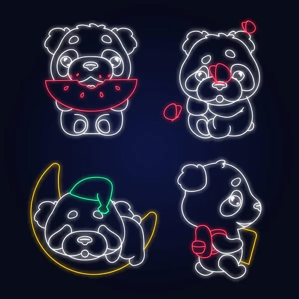 Cute panda kawaii neon light characters pack. Adorable and funny animal eating watermelon, sleeping, back to school isolated sticker, patches set. Anime baby baby bear doodle emojis glowing icons — Stock Vector