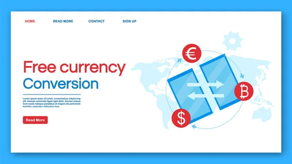 Free currency conversion landing page vector template. Interfaz web de transacciones financieras idea con ilustraciones planas. Diseño de la página de inicio de transferencia de dinero internacional. Banner web, concepto de página web — Vector de stock