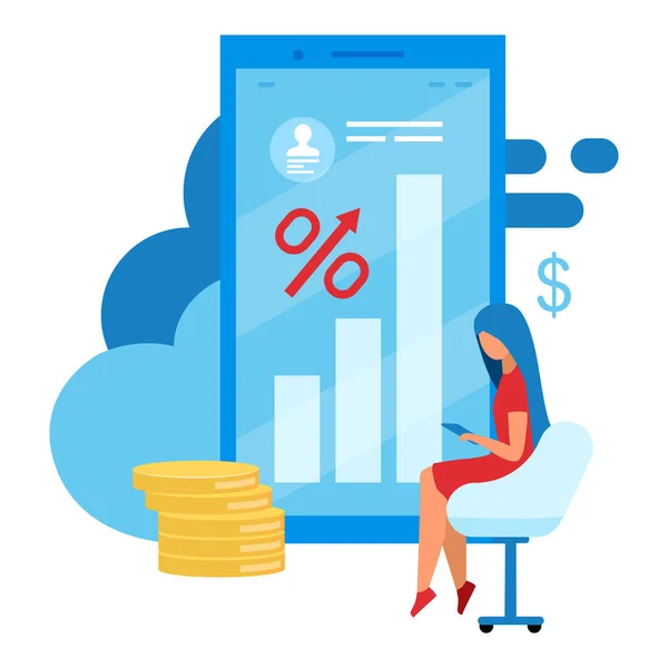 Ilustração móvel do vetor plano bancário. Depósito de taxas de juros altas conceito cartoon. Investimento, aplicativo de negociação de ações metáfora isolada. Comércio electrónico, crescimento dos lucros. Conta Ewallet, estatísticas ROI — Vetor de Stock