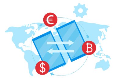 Para transferi düz vektör çizimi. Uluslararası mali işlemler ve döviz kurları çizgi film kavramı. Havale servisi. E ödeme kapısı, Fintech. Eşdeğer küresel ödemeler metaforu