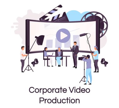 Şirket video üretim düz konsept ikonu. Kitle iletişim araçları ve basın çıkartması. İş konferansı çekimi ve beyaz arka planda izole çizgi film illüstrasyonları