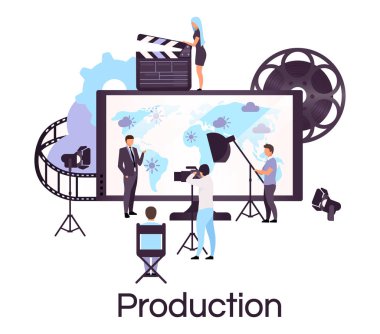 Hava durumu ve haberler düz konsept ikonu yayınlıyor. Basın ve kitle iletişim etiketi, Clipart. Haber bülteni, hava durumu stüdyo ekibi. Video prodüksiyon, rapor. Beyaz arkaplanda izole çizgi film çizimi