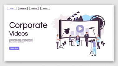 Şirket videoları iniş sayfası şablonu. Düz çizimlerle internet sitesi arayüzü kurma fikri. Kitle iletişim sitesinin ana sayfası. Web afişi, web sayfası çizgi film kavramı