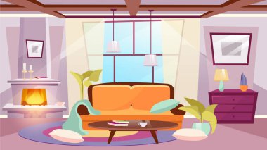 Oturma odası düz vektör çizimi. Klasik kanepenin yanındaki kahve masası. Yerde yastıklar olan dağınık güneşli bir oda. Yakacak odunları ve mumları olan zarif bir şömine. Moda panoramik penceresi