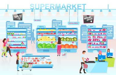 Süpermarket içi düz vektör çizimi. İnsanlar marketten çizgi film karakterleri satın alıyorlar. Müşteriler ürünleri farklı bölümlerden seçiyor. Müşteri kasada yemek parasını ödüyor.