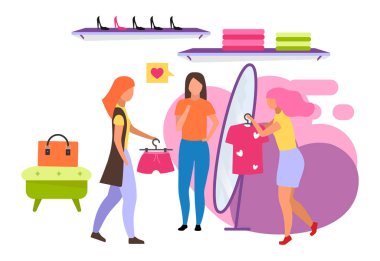 Giysi mağazası düz vektör çizimi. Alışveriş merkezinde, butikte kıyafet seçen bir alıcı. Dükkan asistanı müşteriye yardım ediyor. Arkadaşlarıyla kıyafet almak beyaz arkaplanda izole edilmiş çizgi film karakteri