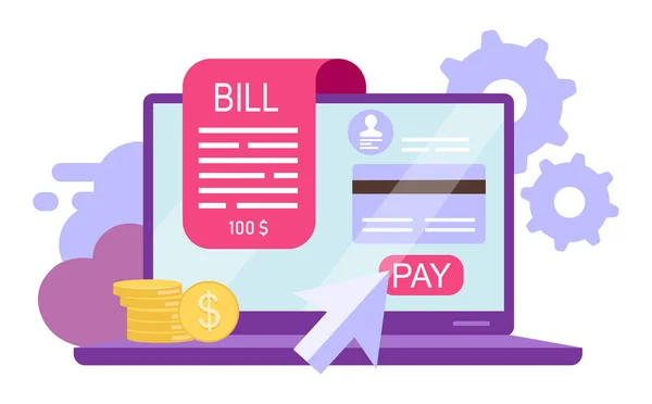 Bill pay flat vector illustration. Online payment, instant credit card transactions isolated cartoon concept on white background. Online receipt, invoice. Banking service. Epayment, ewallet account — Stock Vector
