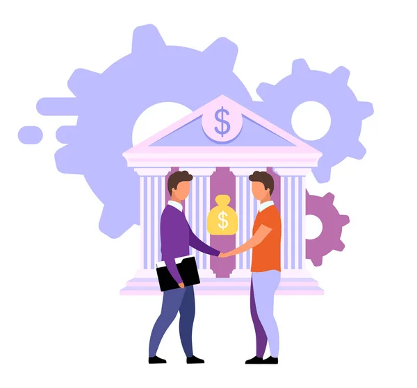 Banking deals and offers flat vector illustration. Customized solutions isolated metaphor on white. Banker and investor, bank client handshaking cartoon characters. Investment, loan, deposit concept — 스톡 벡터