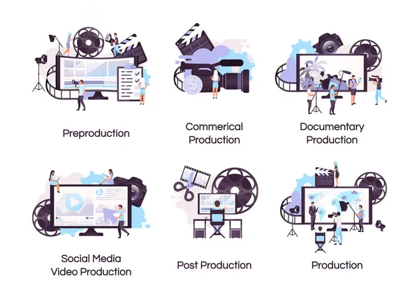 Video produksi ikon konsep datar ditetapkan. Video dan stiker pembuatan film, cliparts pack. Iklan media sosial, penembakan dokumenter. Ilustrasi kartun terisolasi pada latar belakang putih - Stok Vektor