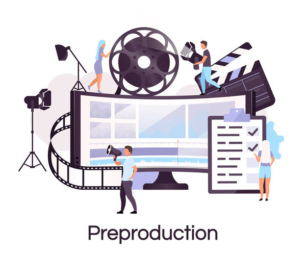 Preproduction flat concept icon. Videography and filmmaking sticker, clipart. Director, producer and cameraman crew. Video and movie production Isolated cartoon illustration on white background