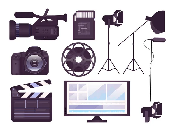 Video produktionsutrustning platt koncept ikoner som. Professionell kamera, kartong, filmklistermärken, cliparts pack. Filminspelningsverktyg. Isolerade tecknade illustrationer på vit bakgrund — Stock vektor