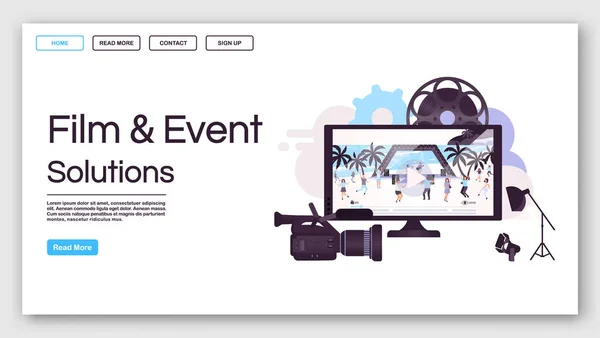 Film and event solutions landing page vector template (en inglés). Videografía sitio web idea de interfaz con ilustraciones planas. Concierto en vivo streaming diseño de la página principal. Banner web, concepto de dibujos animados de página web — Vector de stock