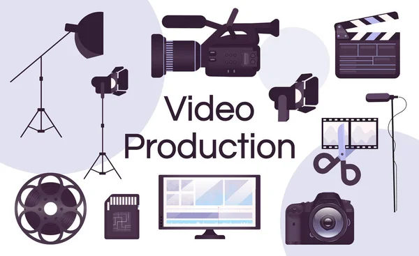 Video produktionsutrustning platt koncept ikoner som. Fotokamera, clapperboard, mikrofonklistermärken, cliparts pack. Filminspelningsverktyg. Isolerade tecknade illustrationer på vit bakgrund — Stock vektor