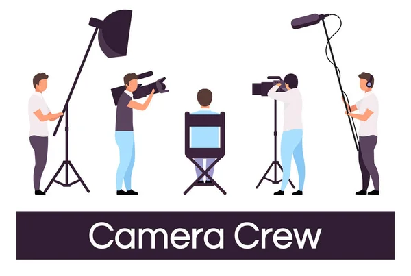 Camera crew flat vector illustrations set. Director sitting in chair, cameraman isolated cartoon characters. Filmmaking studio members with professional equipment. Sound operator, lightning technician — 스톡 벡터