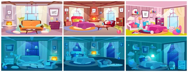 Room interiors flat vector illustrations set. Daytime and night time home interiors view. Classic living room and bedroom design. Fireplace with burning flames. Cartoon messy and tidy apartment — 스톡 벡터