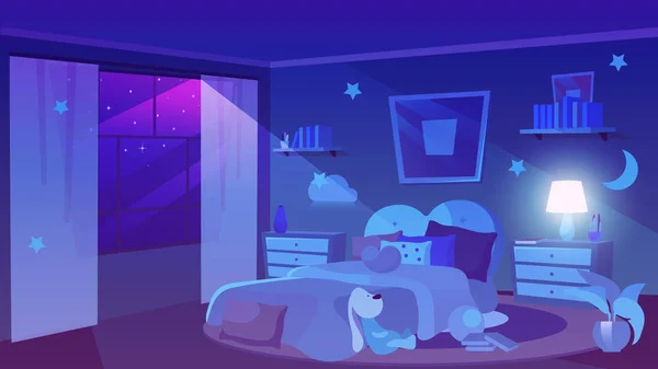 Criança quarto noite tempo vista plana vetor ilustração. Estrelas no céu violeta escuro na janela panorâmica. Interior quarto feminino com brinquedo macio, nuvens decorativas nas paredes. Mesas de cabeceira com vaso, lâmpada — Vetor de Stock