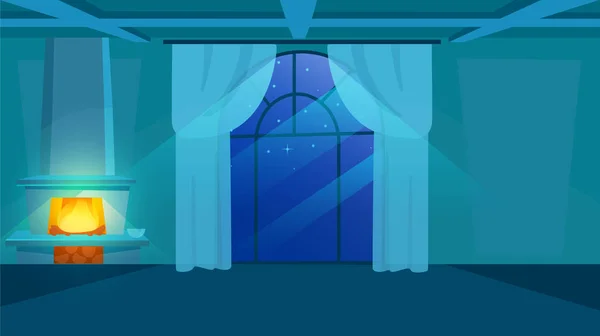 Gece görüşü düz vektör çizimi. Klasik pencere camı ve perdeleri olan boş bir oda. Şöminede yakılacak odun, ısınma dairesi. Ay ışığında zarif ev tasarımı — Stok Vektör