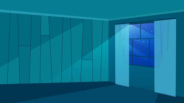 Habitación vacía en rayos de luna ilustración vectorial plana. Paredes de moda con patrón geométrico. Cristal de ventana moderno con cortinas. Arquitectura minimalista, diseño de apartamentos en la oscuridad — Vector de stock