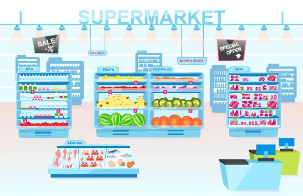 Supermarket departments flat vector illustration. Shelves with different products. Vegetables, meat, seafood, fruits and milk divisions. Grocery store interior. Consumerism and merchandise — 스톡 벡터