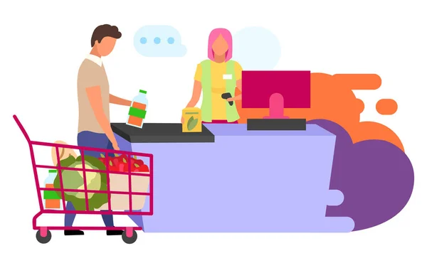 Einkaufen im Supermarkt flache Vektor Illustration. Kassiererin im Lebensmittelgeschäft und Zeichentrickfiguren auf weißem Hintergrund. Lebensmittel, Produkte kaufen. Einkäufe tätigen, Einkaufskonzept — Stockvektor