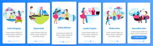 Cliente e vendedor onboarding modelo de vetor de tela de aplicativo móvel. Compras online e em lojas. Passo a passo no site com caracteres planos. UX, UI, GUI conceito de interface de desenho animado smartphone — Vetor de Stock