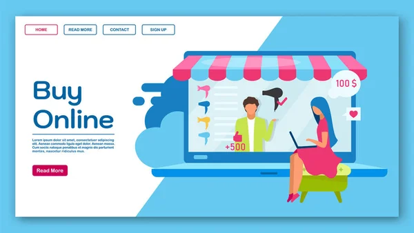 Kaufen online Landing Page Vektor Template. E-Commerce, eshopping Website Schnittstelle Idee mit flachen Illustrationen. Marktplatzhomepagegestaltung. Shopping Web Banner, Webseite Cartoon-Konzept — Stockvektor