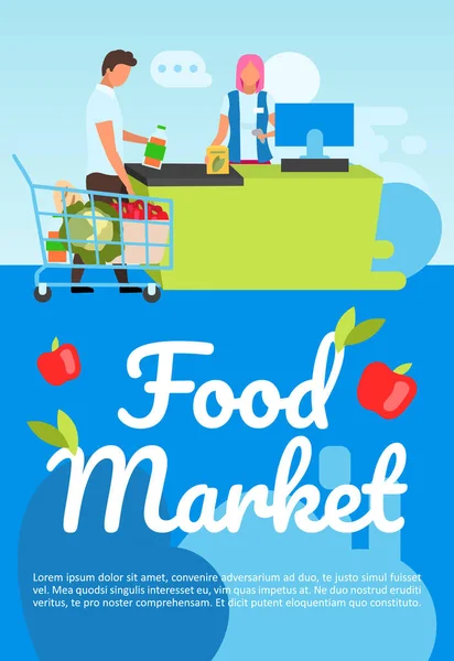 Modelo de vetor de cartaz do mercado de alimentos. Compras na mercearia. Folheto, capa, design de conceito de página de livreto com ilustrações planas. Compras de supermercados. Folheto publicitário, folheto, ideia de layout de banner — Vetor de Stock