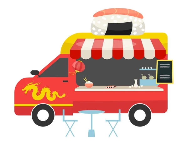 Asijské fúze potravin truck ploché vektorové ilustrace. Červený autobus s pultem, stolem, židlemi. Pouliční jídlo. Nudle, sushi a wok van. Čínská kuchyně restaurace na kolech izolované na bílém pozadí — Stockový vektor