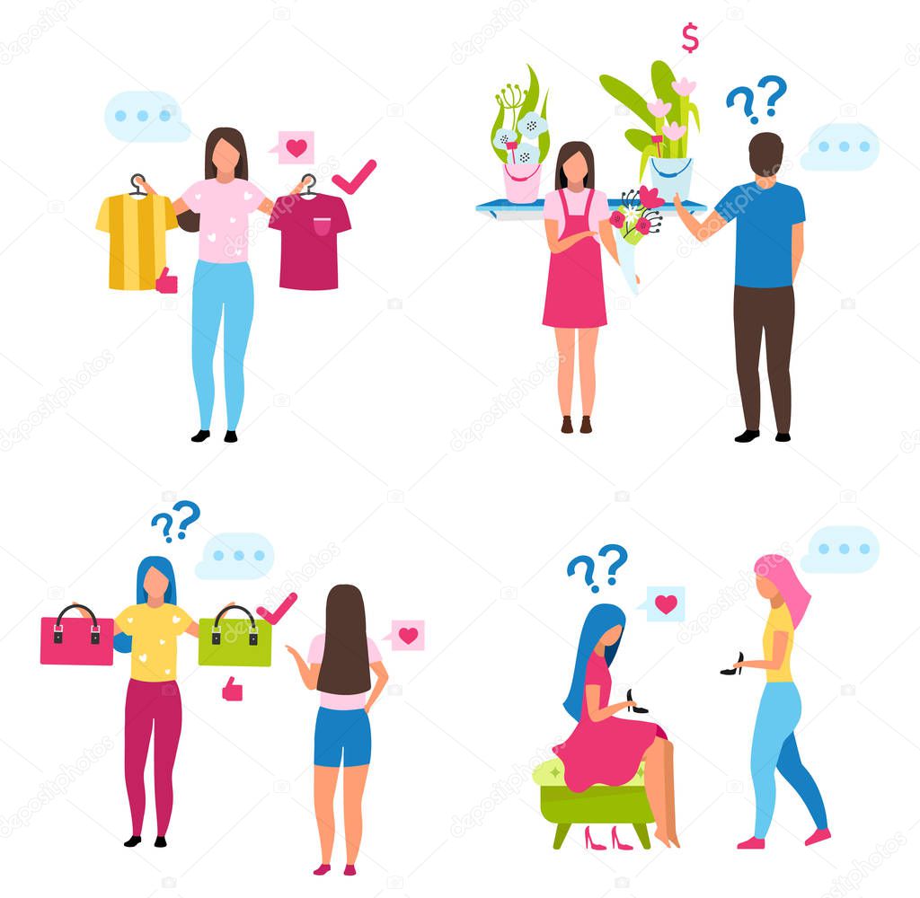 Buyers choosing goods flat vector illustrations set. Shop assistant showing goods to customers cartoon characters. Merchandise, shopping in shoe boutique, handbag showroom and clothing store