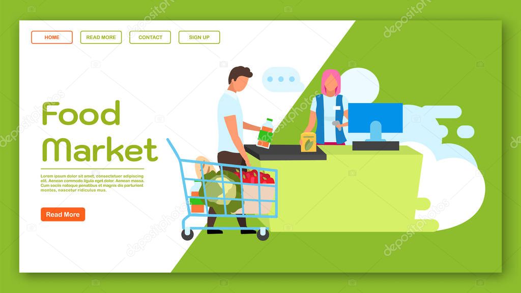 Food market landing page vector template. Supermarket website interface idea with flat illustrations. Grocery, convenience store homepage layout. Shopping web banner, webpage cartoon concept