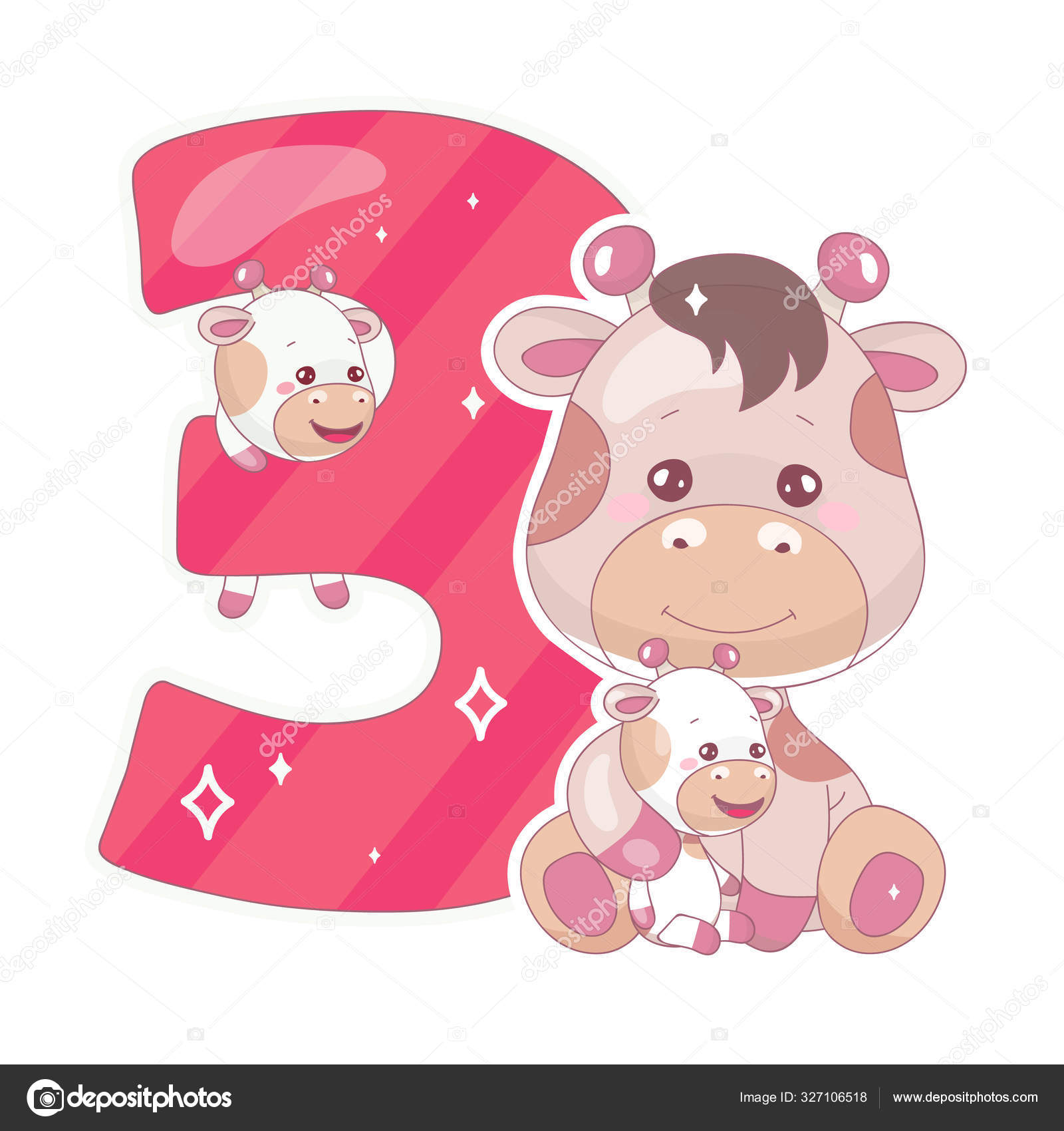 Cute Three Number With Baby Giraffe Cartoon Illustration