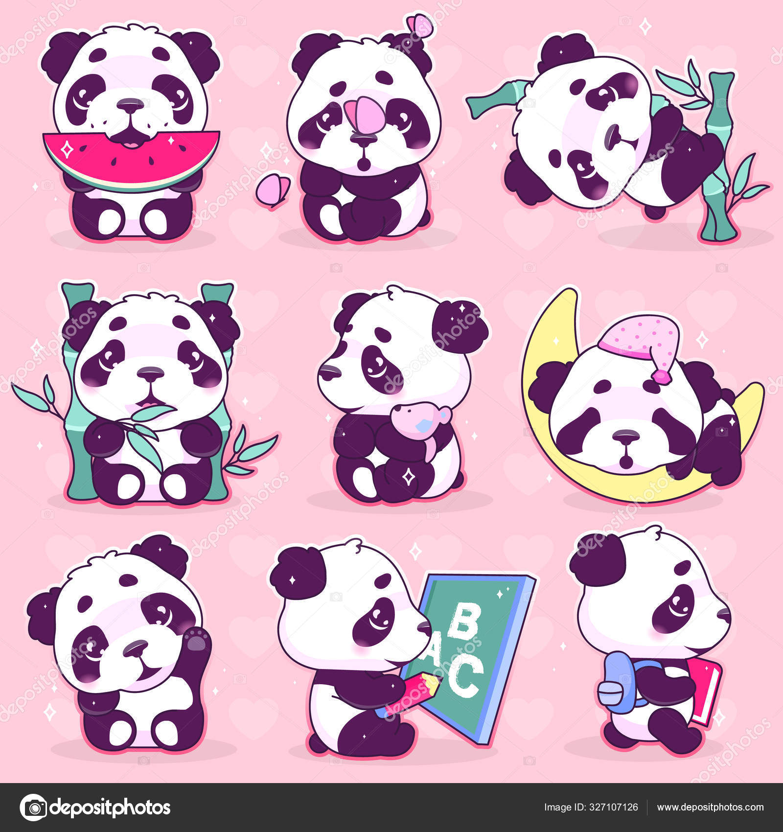Cute Panda Kawaii Cartoon Vector Characters Set Adorable Happy And Funny Animal Eating Watermelon Bamboo Isolated Sticker Patches Pack Anime Baby Panda Bear Sleeping Emoji On Pink Background Stock Vector Image By C