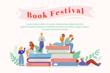 Kitap festivali düz poster şablonu. Yazarlar festivali. Kütüphane yıldönümü. Kitap fuarı. Edebiyat bayramı karikatür karakterleri. Pankart, broşür sayfası, metin için yeri olan broşür tasarımı düzeni