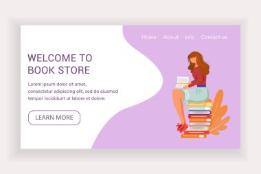 İniş sayfası şablonuna hoş geldiniz. Düz çizimlerle kitapçı web sitesi arayüzü fikri. Kütüphane ana sayfası düzeni. Okuyucu kitap yığınının üzerine oturur web pankartı, web sayfası çizgi film kavramı