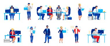İşletme personeli düz vektör çizimleri ayarlandı. Programcı