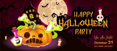 Cadılar Bayramı partinin düz pankart şablonu kutlu olsun. Ekim bayramı davet kartı tasarımı. Balkabağı, ay ve harflerle dolu korkunç, ürkütücü bir karikatür. Helloween yatay posteri