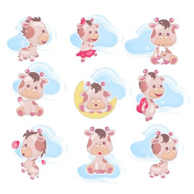 Şirin zürafa kawaii çizgi film vektör karakterleri ayarlandı. Bulutlu sevimli ve komik bir hayvan. Yapıştırması, yaması, çocuk kitabı çizimi. Anime mutlu ve neşeli bebek zürafa emojisi beyaz arka planda