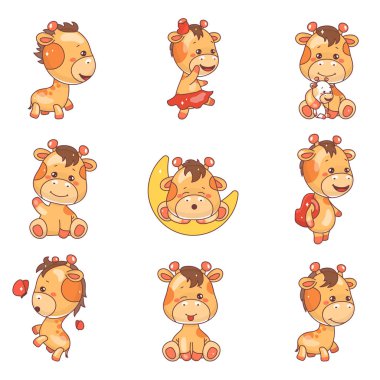Şirin zürafa kawaii çizgi film vektör karakterleri ayarlandı. Sevimli ve komik hayvan izole çıkartmalar, yamalar, çocuk kitapları koleksiyonu oynuyor. Anime mutlu bebek zürafa emojisi beyaz arka planda
