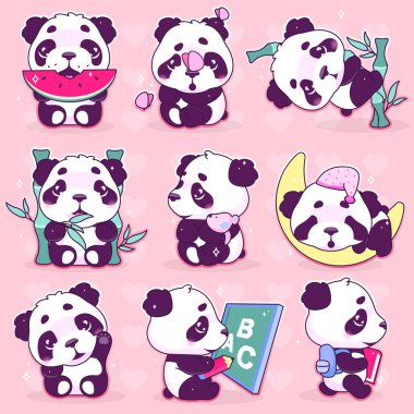 Şirin panda kawaii çizgi film vektör karakterleri ayarlandı. Sevimli, mutlu ve komik hayvan yiyen karpuz, bambu izole etiketi, yamalar. Anime bebek panda pembe arka planda uyuyan emoji