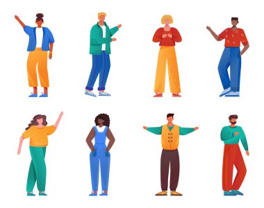 Çok kültürlü insanlar düz vektör çizimleri seti. Kızlar ve gu