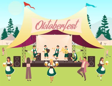 Oktoberfest düz vektör çizimi. Müzik ve danslar. Çadırda halk gösterisi. Bira festivali, Ekim festivali konseri. Ulusal kostümlü insanlar bira ve dans taşır. Volksfest çizgi film karakterleri
