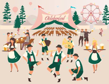 Oktoberfest düz vektör çizimi. Bira çadırı. Halk müziği ve danslar. Bira festivali, Ekim festivali gösterisi. Ulusal kostümlü garsonlar. Bir bardak alkollü ziyaretçiler. Volksfest çizgi film karakterleri