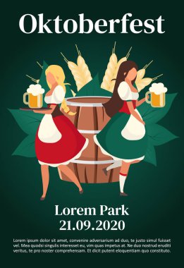 Oktoberfest broşürü. Garsonlar içki servisi yapıyor. Bira Festivali. Broşür, broşür, düz resimli broşür. Dergi için vektör sayfası düzeni. Davetiye metin alanı ile reklam ediliyor