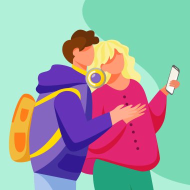 Akıllı telefon ekranı düz vektör çizimi isteyen genç bir çift. Aletli ergen aşıklar. Milenyum. Ergen erkek arkadaşın kız arkadaşına sarılıp turkuaz arka planda karikatür karakteri izole etmesi.